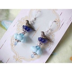 B2G1 Spring Floral Blue Bird Earrings Handmade Fairy Core Cottage Shabby Chic